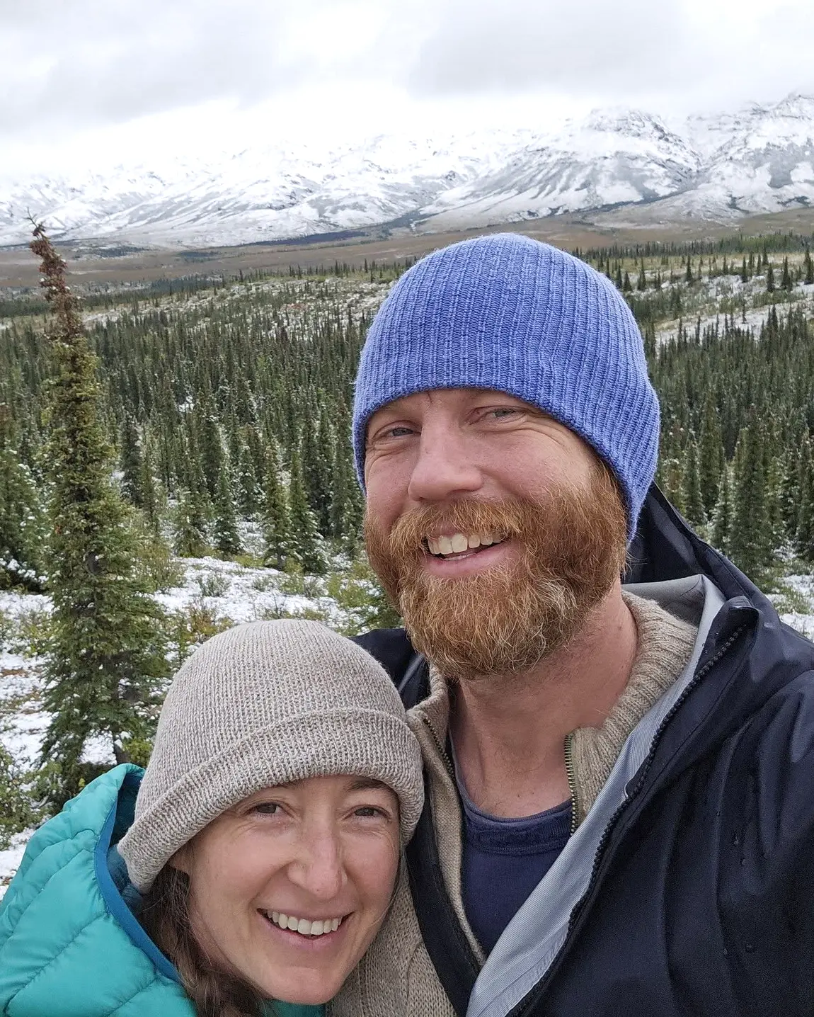 John Gorey and Emily Pollom during fieldwork in a snowy mountain landscape